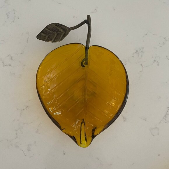 Trio of Amber Glass & Metal Hardware Home Decor in Leaf/Fruit Pattern Sz OS NWOT - Picture 4 of 6